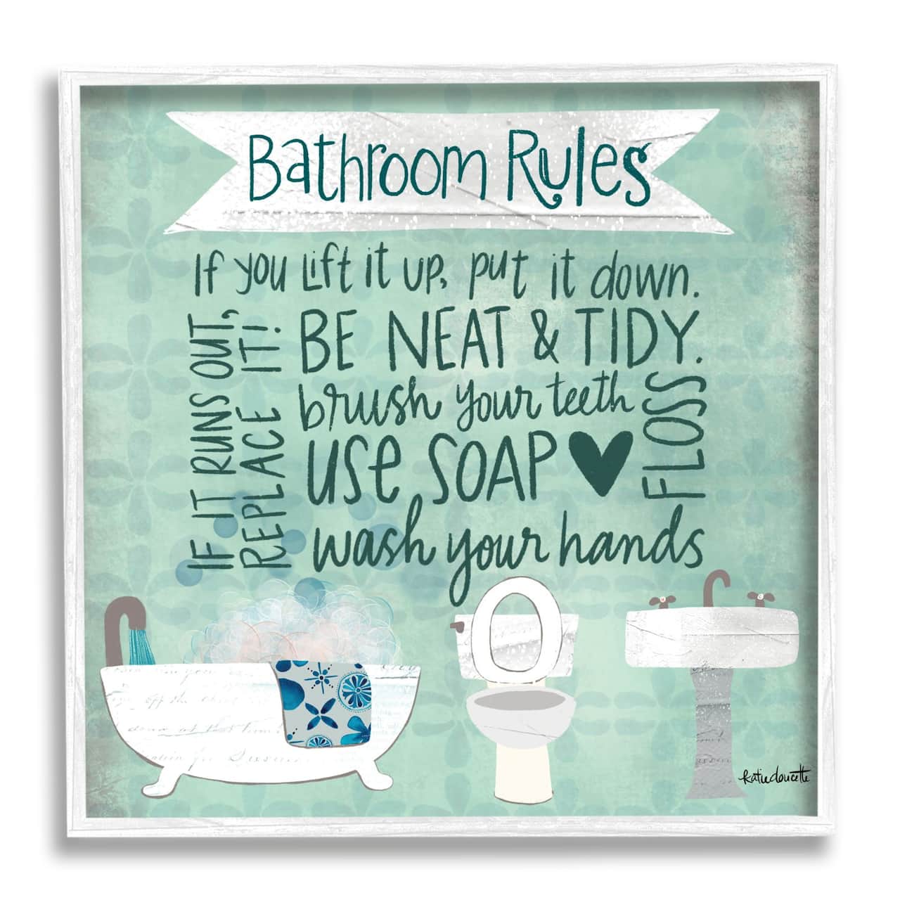 Stupell Industries Aqua Blue Bathroom Rules Collage Look Typography Framed Wall Art